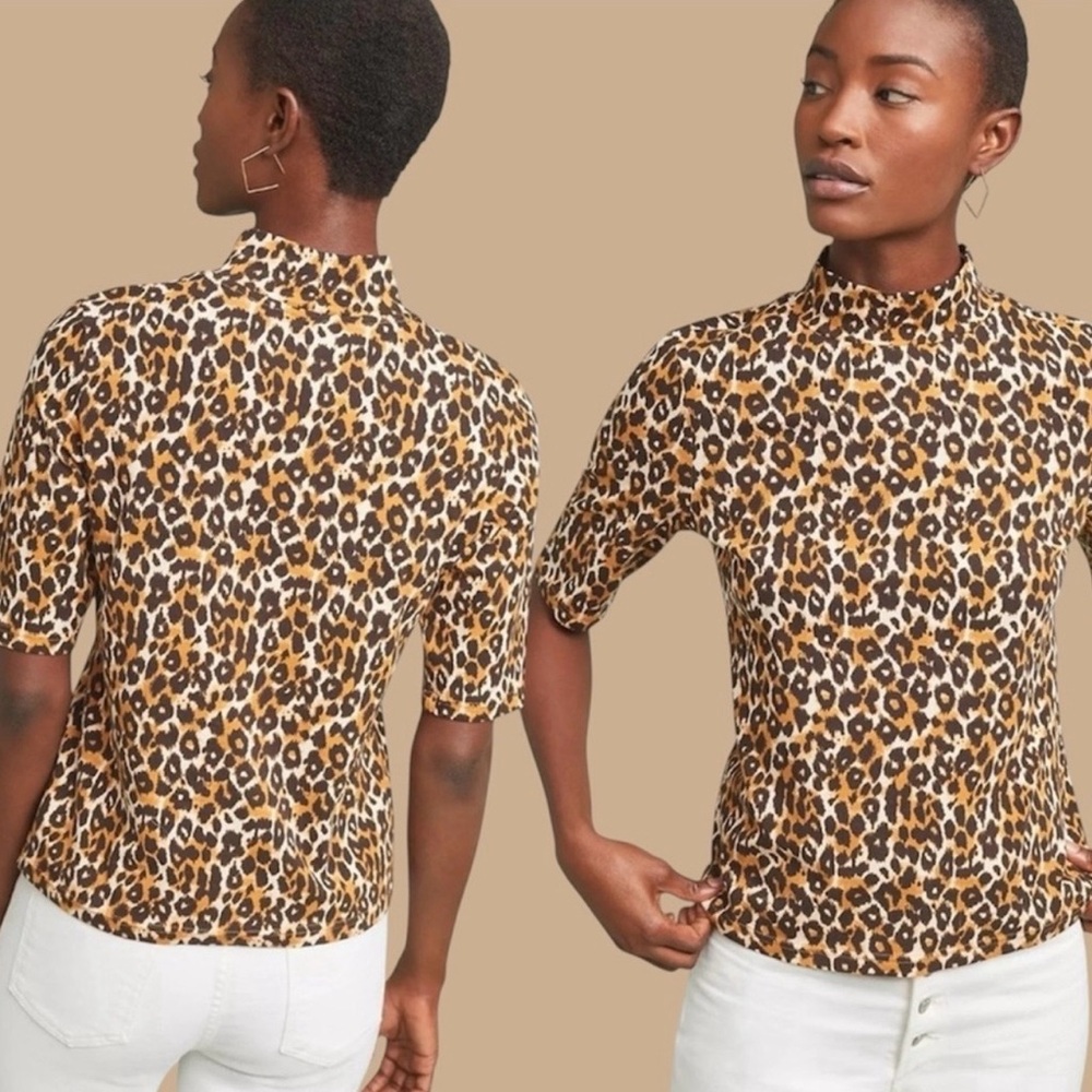 Anthropologie Animal Print Half Sleeve, Mock Neck Top Medium